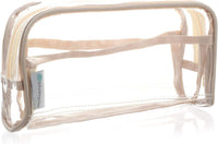 Clear Makeup and Brush Bag/Long Cosmetic Organizer Pouch for Travel, Gym or Home/Vegan Leather Piping & 2 Interior Pockets/Small See through Transparent PVC Plastic