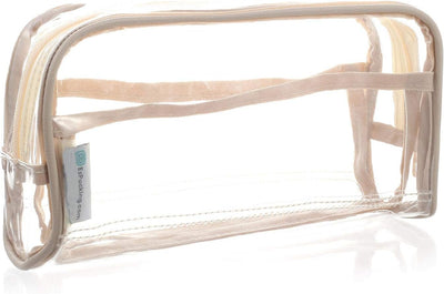 Clear Makeup and Brush Bag/Long Cosmetic Organizer Pouch for Travel, Gym or Home/Vegan Leather Piping & 2 Interior Pockets/Small See through Transparent PVC Plastic