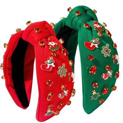 2 Pcs Christmas Knotted Headbands for Women Girls Red Green Pearl Rhinestone Headband with Xmas Tree Santa Accessories Winter Christmas Holiday Gifts for Women
