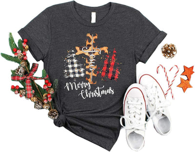 Women Merry Christmas Shirt Leopard Print Plaid Christmas Tree T Shirt Short Sleeve Holiday Xmas Graphic Tops (M, Gray 2)