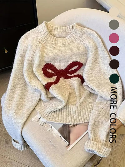 Elegant Bow Knit Sweater for Women, Sweet Autumn Winter Fashion, Thick Casual Pullover Top, Unique Design, Versatile Outerwear